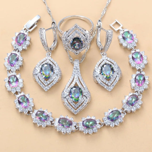 Conjunto de 4 Piezas: Collar, Aretes y Anillo con Piedras Preciosas Incrustadas para Mujer