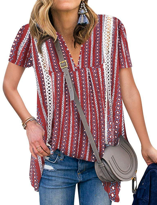 Blusa Estampada Cuello V Manga Corta Ajustada