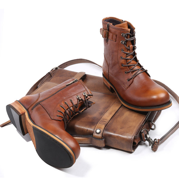 Botas Martin de Cuero Retro Británico con Punta Redonda para Hombre