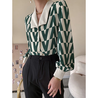Camisa Vintage con Estampado Geométrico y Cuello Solapado Superpuesto - Image 12