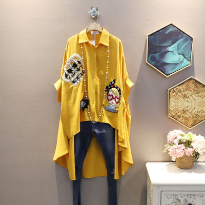 Blusa Asimétrica con Parches de Lentejuelas - Manga Corta