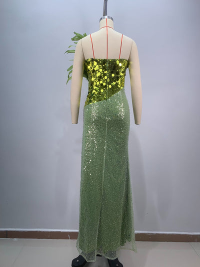 Vestido Tubo Luxury con Lentejuelas Verdes y Plumas, Abertura Sensual - Image 10