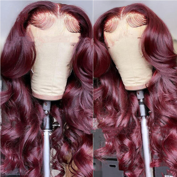 Peluca Sintética Rizada Vino Tinto con Encaje Frontal - Cabello Largo y Voluminoso