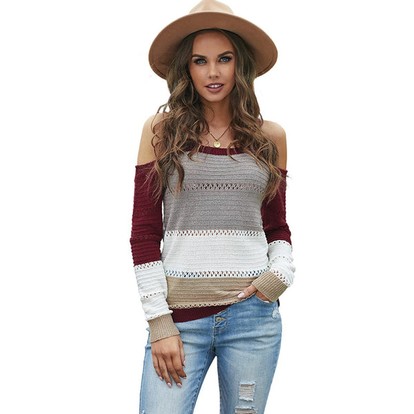 Suéter Hombro Descubierto Mujer Otoño Invierno Costuras Contrastantes Elegante