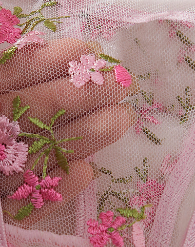 Pink floral embroidered lace lingerie set with bra, garter belt, and thong on a white textured background. - Image 13