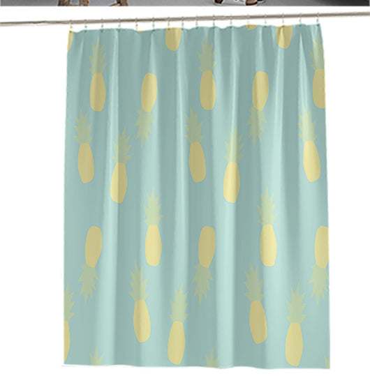 Light blue shower curtain with a repeating pattern of yellow pineapples and light green tops. - Image 9