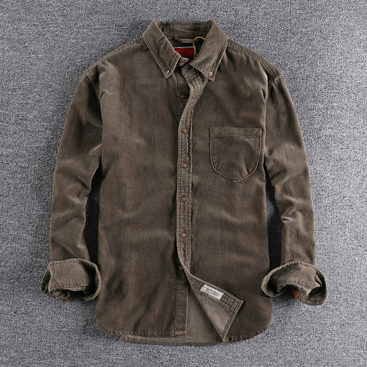 Camisa de Pana Manga Larga Retro con Combinación de Colores para Hombre - Image 8