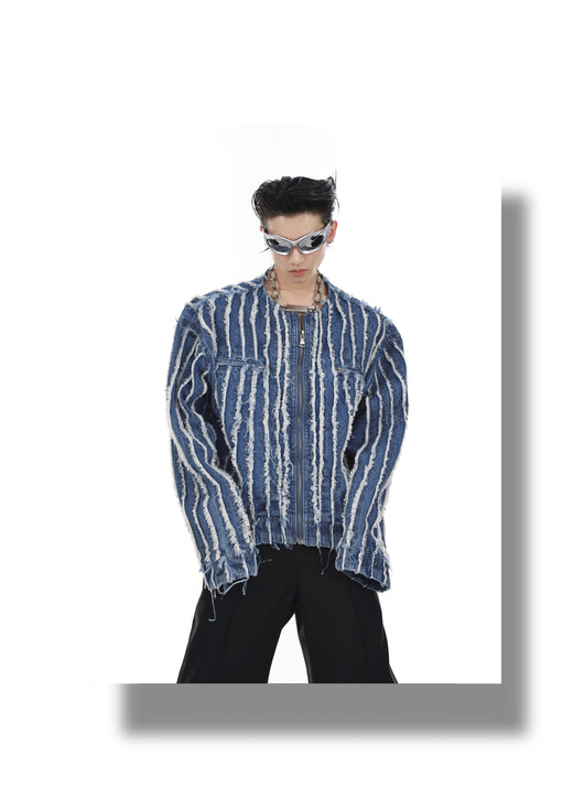 Chaqueta Denim Sin Cuello con Rayas 3D y Flecos Lavados - Image 9