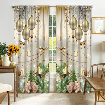 Christmas curtain with a snowy village scene, Santa Claus, flying reindeer, and piles of wrapped gifts. - Image 8