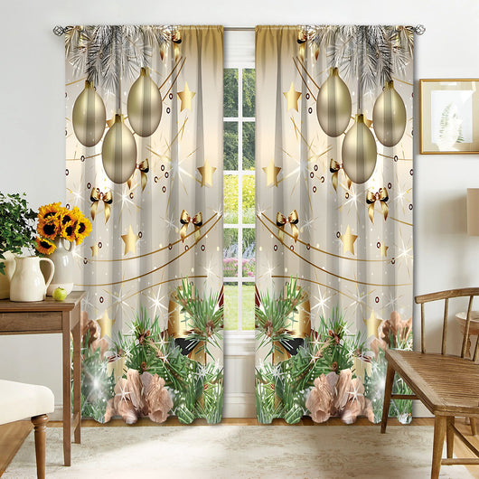 Christmas curtain with a snowy village scene, Santa Claus, flying reindeer, and piles of wrapped gifts. - Image 8