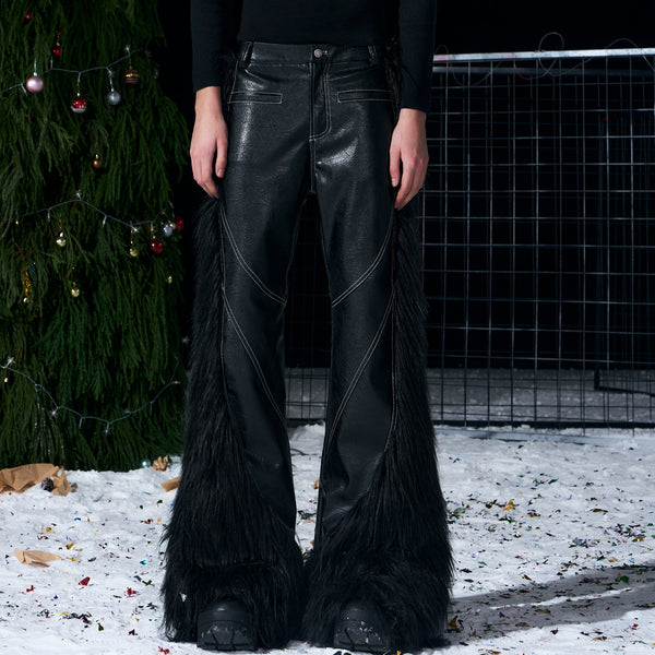 Pantalones de Cuero Flare con Patchwork de Pelaje Sintético para Hombre