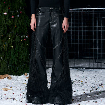 Pantalones de Cuero Flare con Patchwork de Pelaje Sintético para Hombre