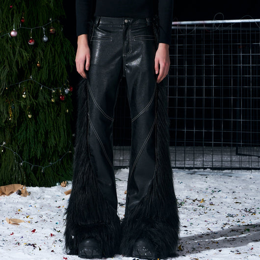 Pantalones de Cuero Flare con Patchwork de Pelaje Sintético para Hombre