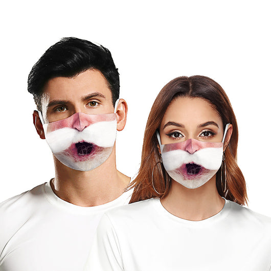 Red glitter protective face mask with a white mustache graphic and black ear loops, perfect for Christmas. - Image 18