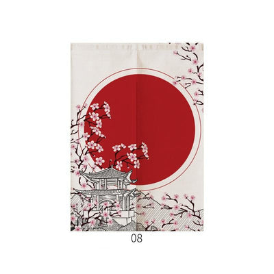 Japanese style noren door curtain with two red and blue Ukiyo-e koi fish on a cream wave pattern background. - Image 34