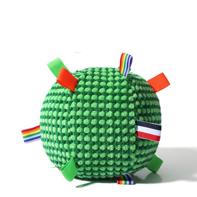 Pink and purple textured pet ball toy with colorful fabric tags, including solid green, orange, and rainbow stripes. - Image 10