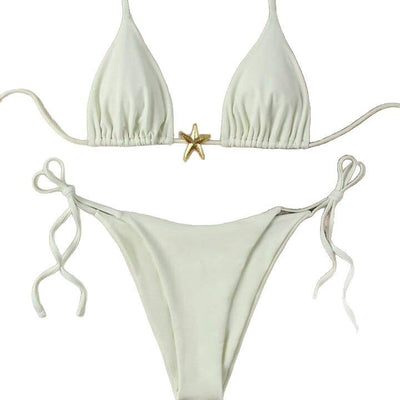 White women's bikini with triangle top and tie-side bottom, featuring a gold starfish charm on the center front. - Image 5