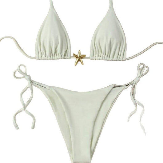 White women's bikini with triangle top and tie-side bottom, featuring a gold starfish charm on the center front. - Image 5