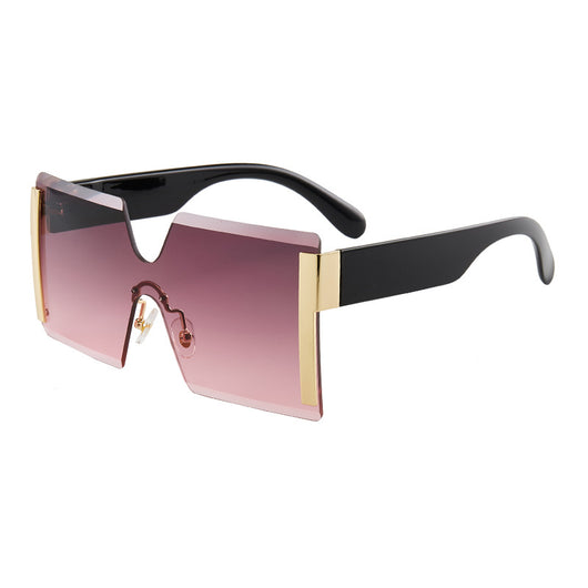 Frameless sunglasses with pink gradient lenses, black temples, and gold-tone accents on a white background. - Image 5