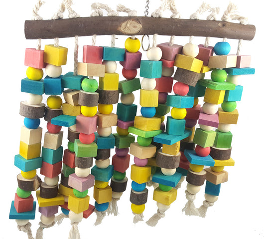 Colorful wooden parrot bite toy with a natural branch hanger and multiple strings of beads and blocks. - Image 10