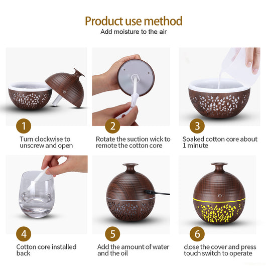 Light wood grain portable mini aroma diffuser humidifier with a vase shape and glowing blue leaf patterns. - Image 5