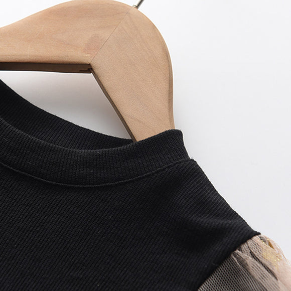 Vestido Infantil Otoño con Manga Larga y Falda Tejida para Niñas