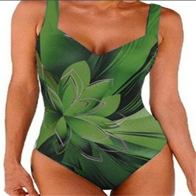 Blue one-piece swimsuit with a large light blue lotus floral print outlined in gold, featuring a V-neck and wide straps. - Image 8