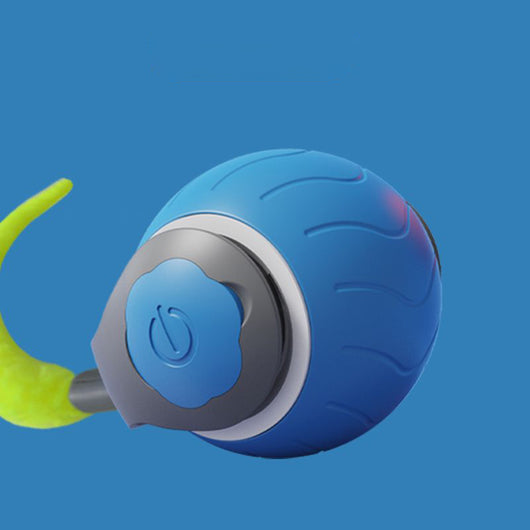 Blue interactive cat toy ball with a lime green tail and a power button, designed for indoor cats. - Image 12