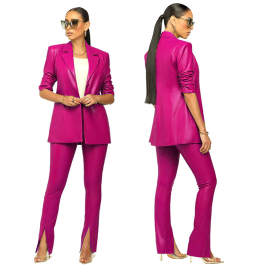 Traje de Cuero PU con Pliegues - Conjunto Elegante para Mujer - Image 6