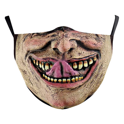 Green and yellow digital print Halloween dust mask with a grotesque, tree-like face design and black ear loops. - Image 14
