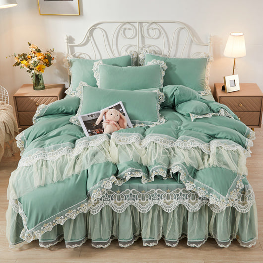 Juego de Cama Princesa Coreana con Falda de Encaje y Edredón de 4 Piezas - Image 3