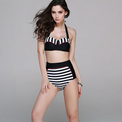 Black and white striped high-waisted bikini with red trim, featuring a halter neck top and full coverage bottom. - Image 8
