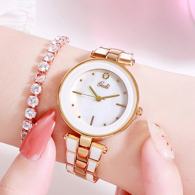 Reloj de Pulsera Elegante Acero Inoxidable Estilo Coreano para Mujer Cuarzo Blanco