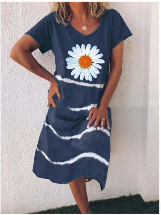 Vestido de Verano Estampado Girasol con Rayas - Manga Corta para Mujer - Image 4