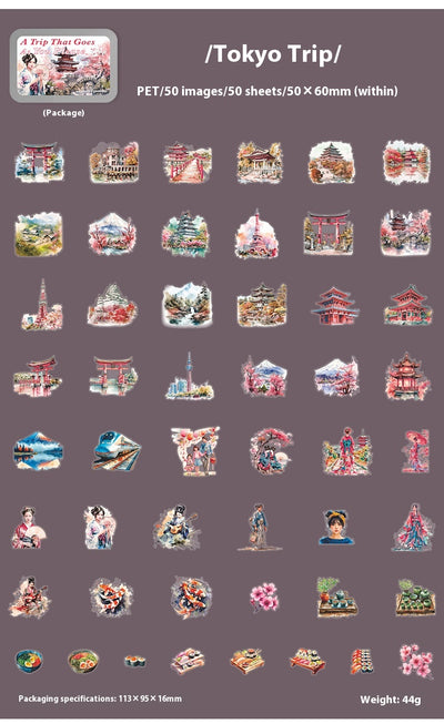 Set of 50 PET stickers featuring watercolor illustrations of a Greece tour, including buildings, landscapes, and food. - Image 16