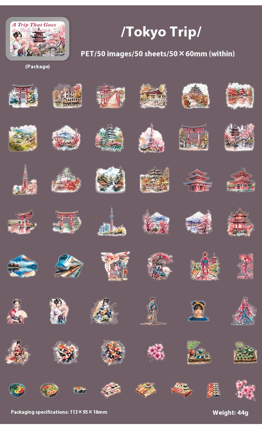 Set of 50 PET stickers featuring watercolor illustrations of a Greece tour, including buildings, landscapes, and food. - Image 16