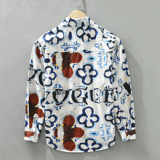 Camisa Estampada de Algodón con Diseño Artístico - Manga Larga Holgada y Casual para Hombre - Image 5