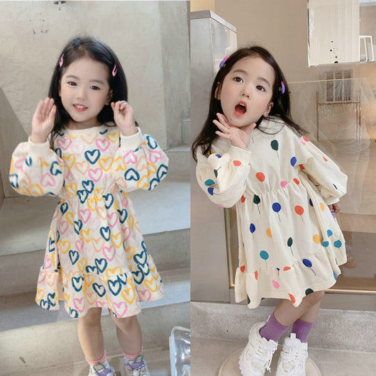 Vestido Infantil Manga Larga con Estampado de Globos de Amor