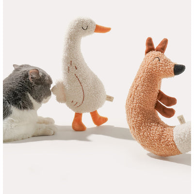 C-shaped plush fox pet toy with textured brown body, white tail tip, and embroidered face, measuring 23.5cm tall. - Image 9