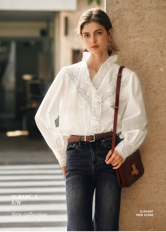 Blusa Blanca de Encaje Estilo Francés con Manga Larga para Mujer - Image 9