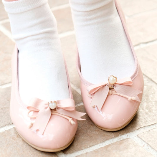 Zapatos Planos de Cuero con Moño de Perla y Punta Redonda