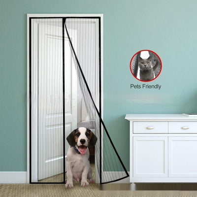 Black magnetic mosquito-proof curtain installed in a white doorway, with a puppy sitting in front of it. - Image 5