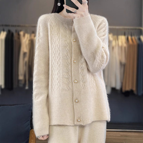 Cardigan de Lana Pura Cuello Redondo Mujer Manga Larga Casual