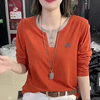 Blusa Casual para Mujer con Cuello V y Detalles de Strass