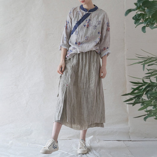 Falda Lino Teñido Vintage Slim con Borde Deshilachado - Diseño Retro Versátil - Image 14