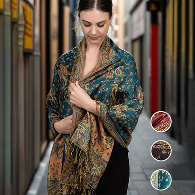 Chal Vintage Étnico con Borlas y Estampado Paisley Jacquard Oriente Medio