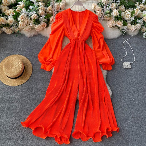 Vestido Retro Hada Cuello V Manga Abullonada Cintura Ajustada