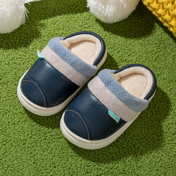 Pantuflas Infantiles Impermeables de Cuero PU con Forro de Algodón