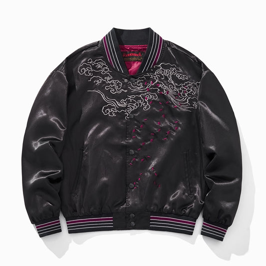 Chaqueta Béisbol Dragón Fuego Púrpura con Nubes Auspiciosas Bordadas