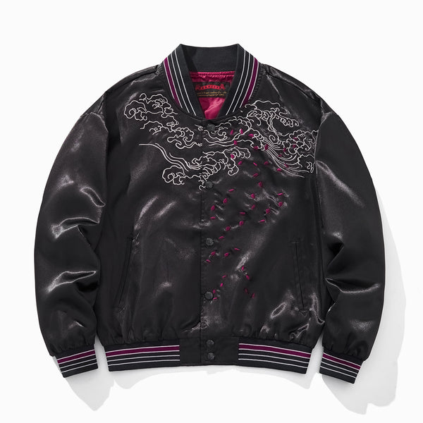 Chaqueta Béisbol Dragón Fuego Púrpura con Nubes Auspiciosas Bordadas